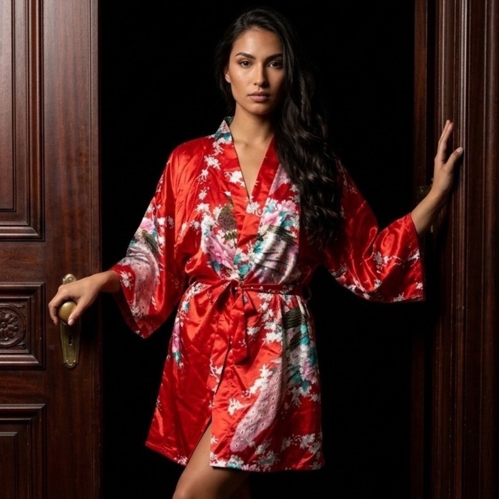 Red Peacock Floral Satin Kimono Robe Short XL Loungewear Lingerie Romantic Boho